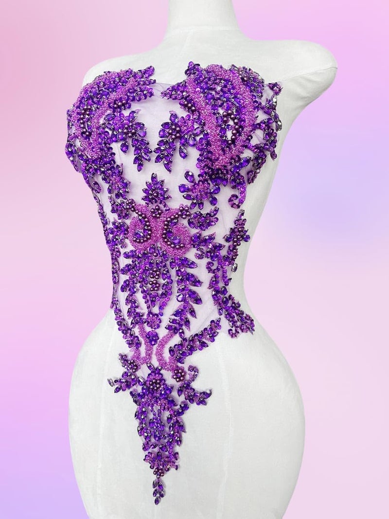 ArtistryXB Handmade Rhinestones Lace Bodice Applique Sew on Beads Sequins Trimming Patches for Dress Clothing Accessories 1Pcs/Bag (Purple) - Image 5